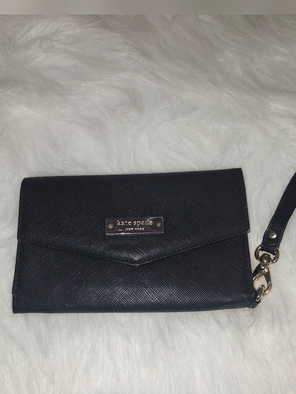 Kate Spade Trifold Wallet Wristlet Black Saffiano Leather Phone Holder - Picture 3 of 6